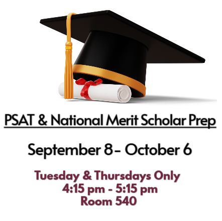PSAT Prep graphic with cap and scroll