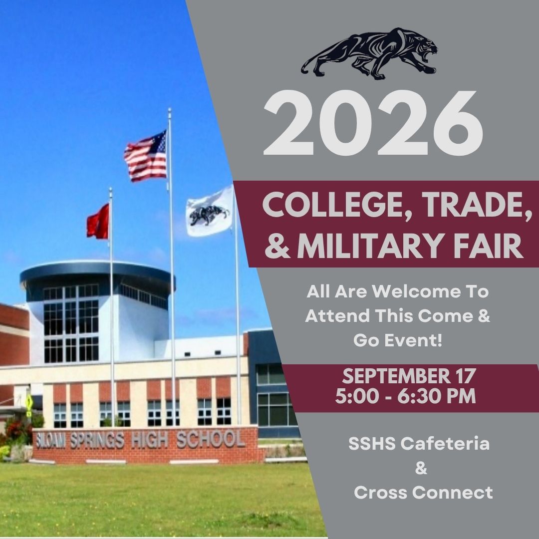 graphic for 2026 college, trade, and military fair September 17, f-7 pm in SSHS cafeteria