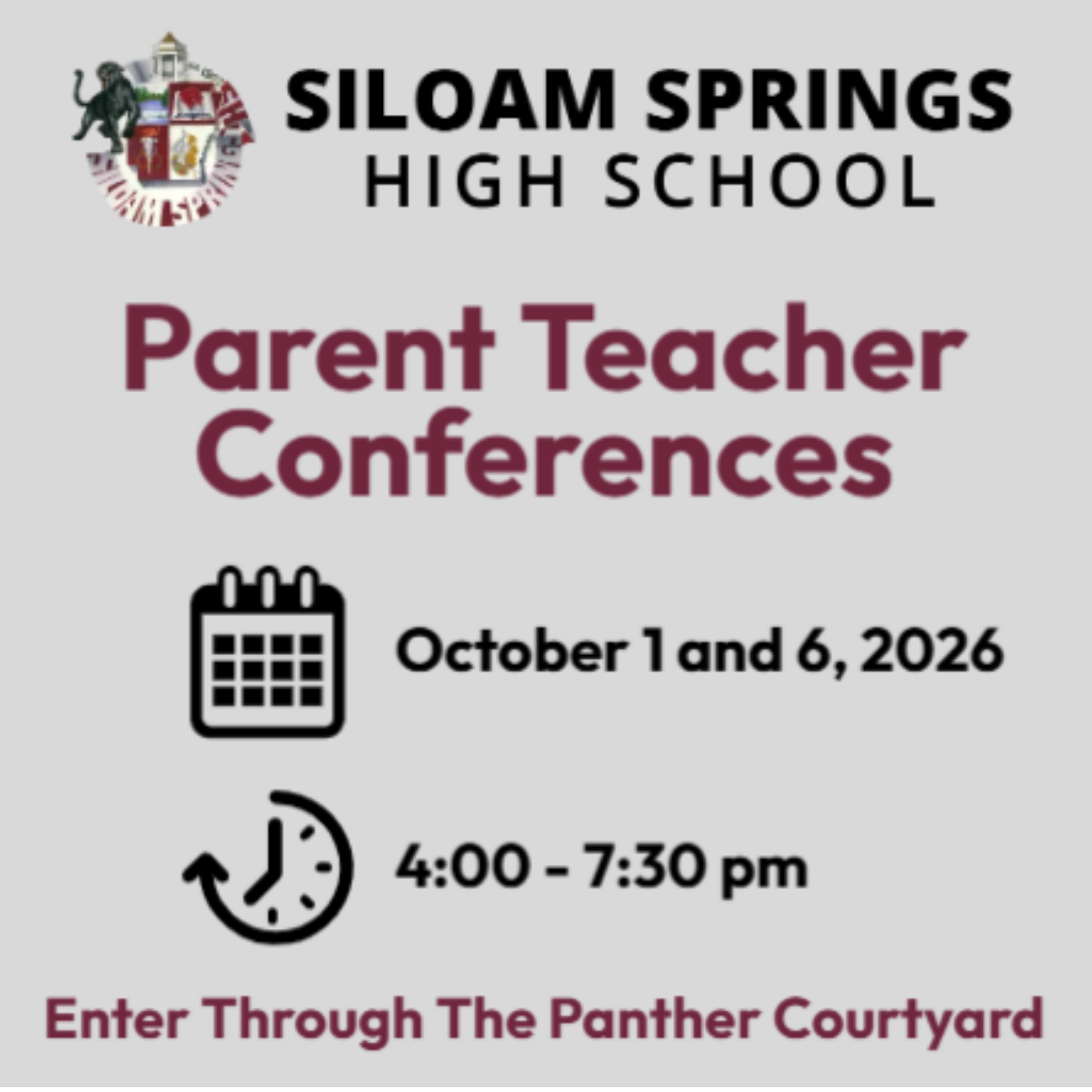 parent teacher conferences, Oct 1 and 6, 4-7:30 pm, enter through Panther Courtyard