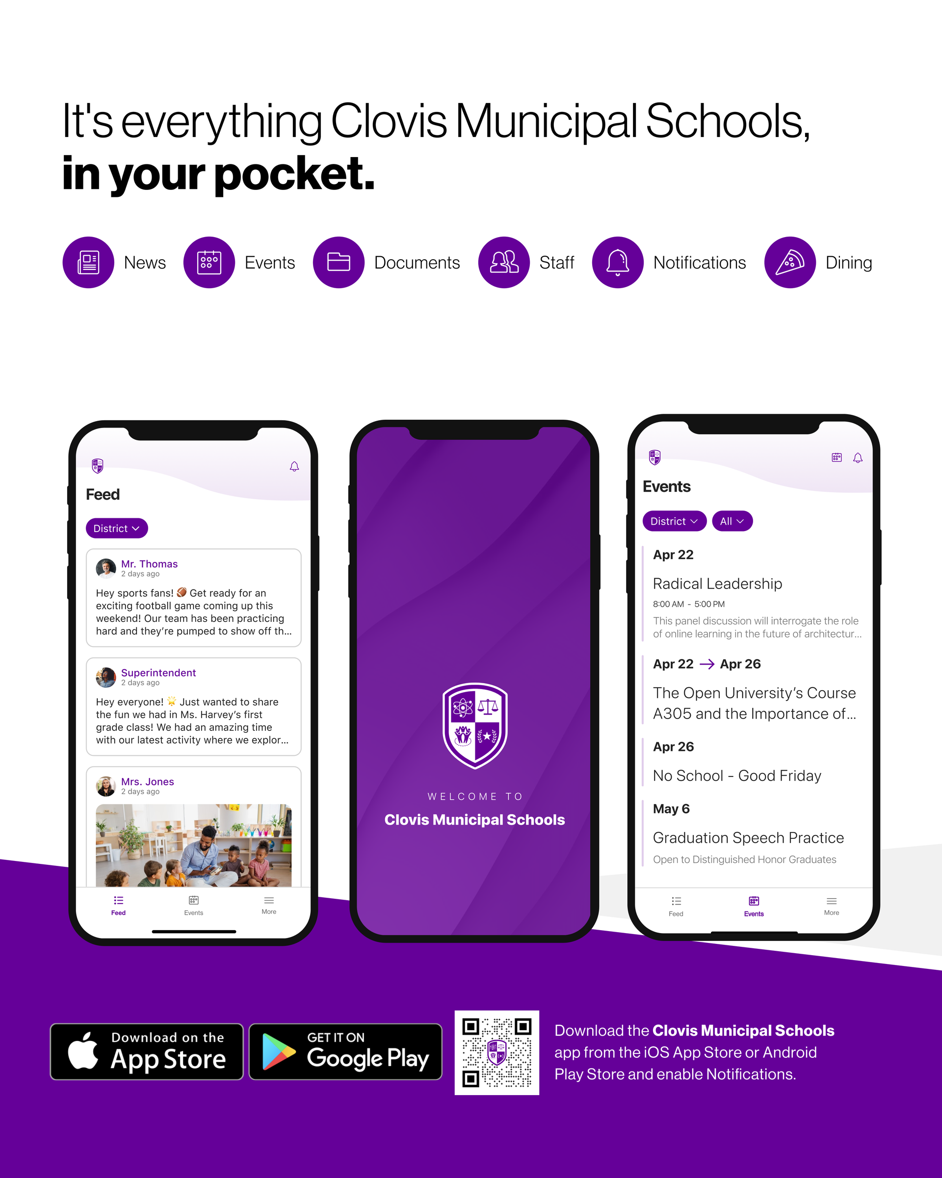 Informational graphic for the CMS App - It's everything CMS in your pocket: News, events, Documents, Staff, Notifications, and Dining. App available for IOS and Android