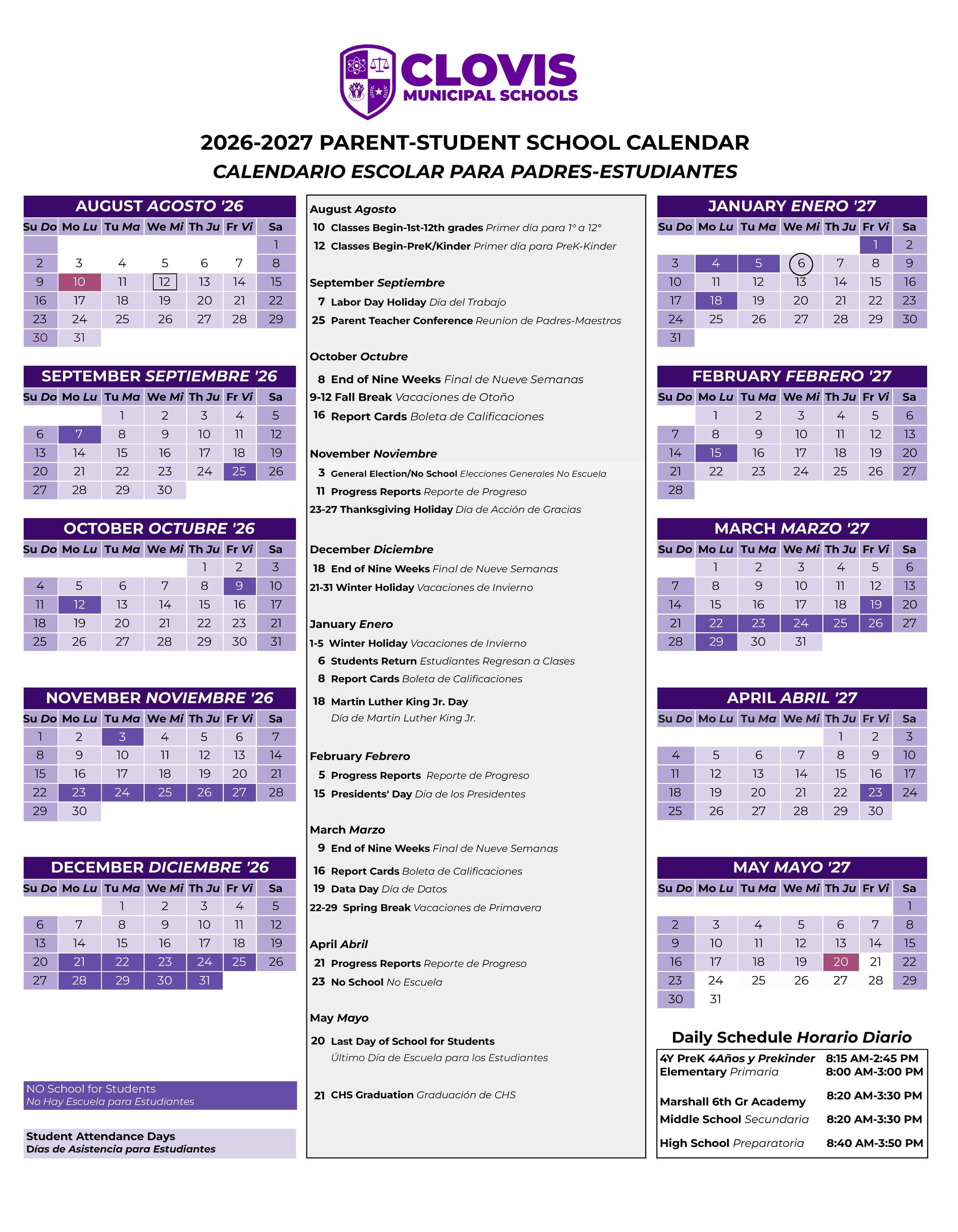 2026-2027 School Calendar