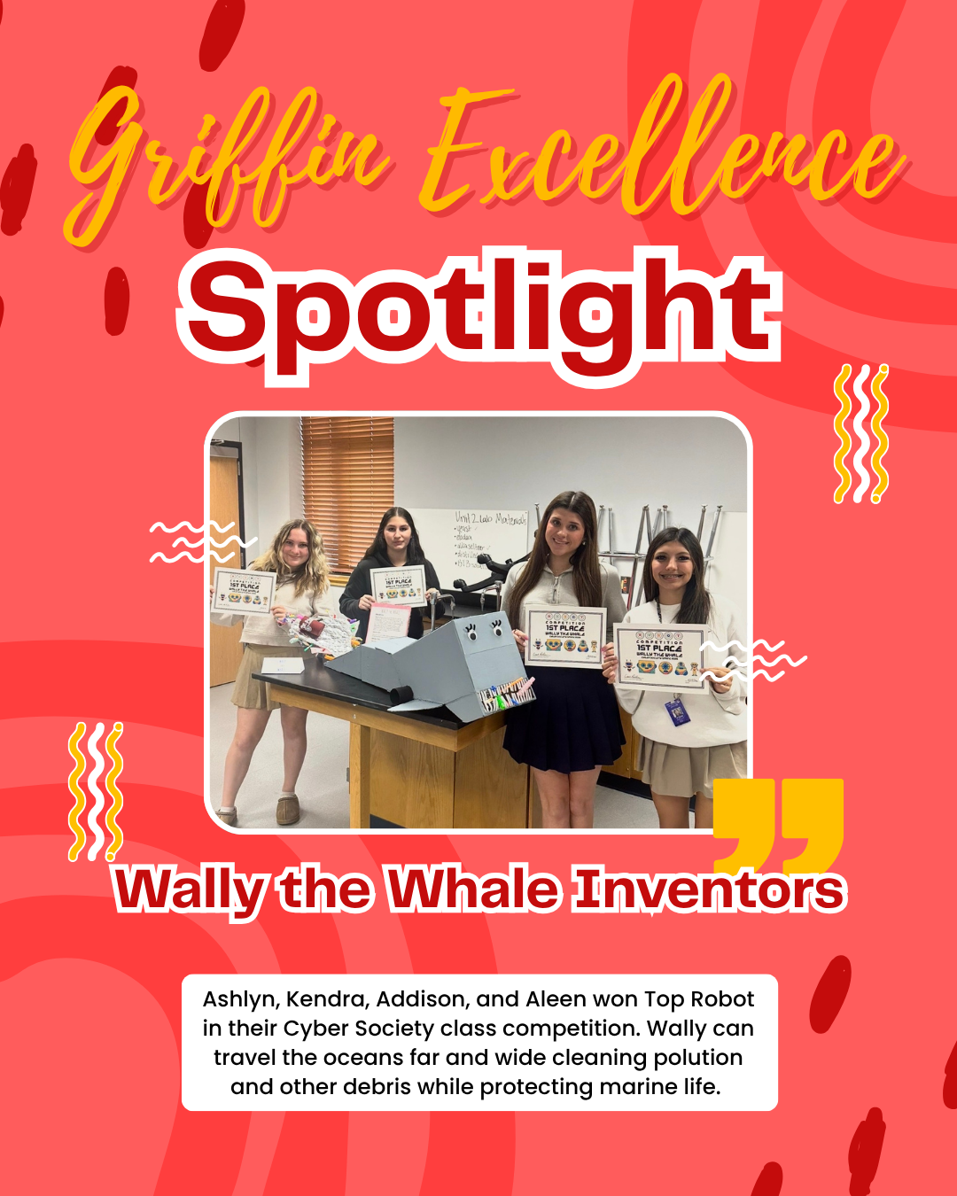 Griffin Excellence Spotlight. Students awarded 1st place for robot