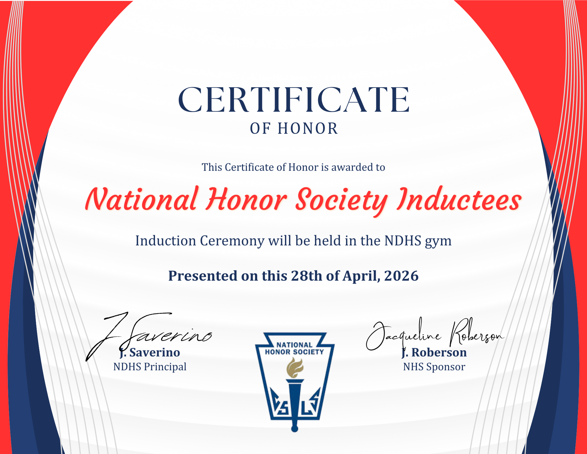 National Honor Society Induction April 28 at 6PM