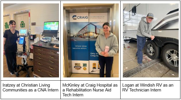 A three-panel graphic showing LPS interns Iratzey, McKinley, and Logan at their respective professional internship sites.