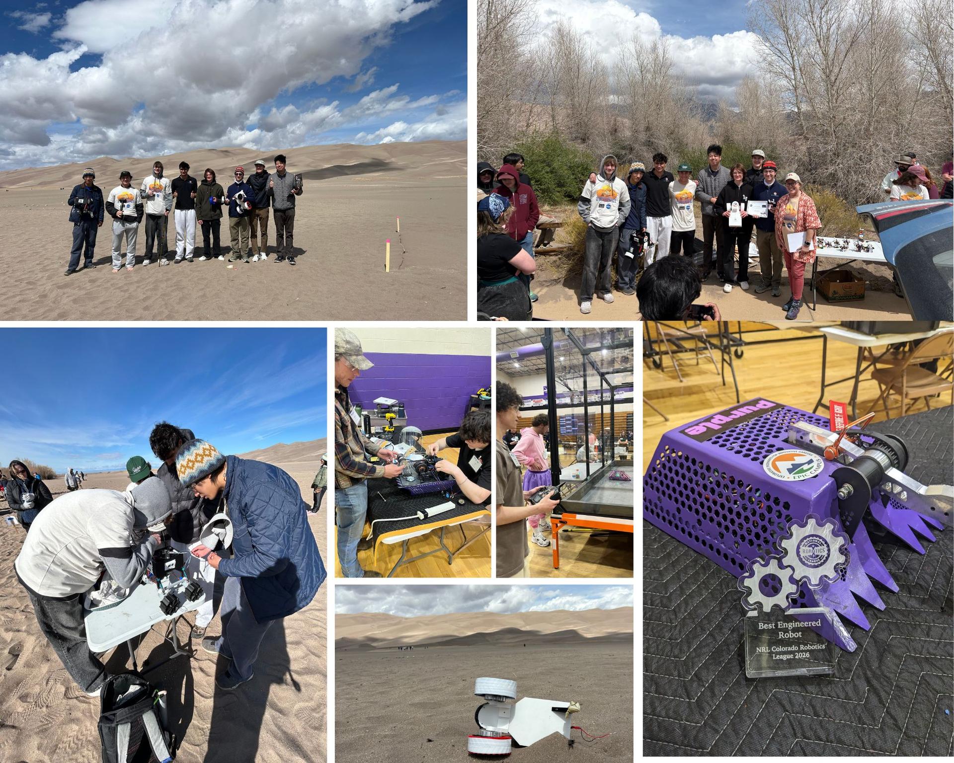 A collage showing LPS students testing robots at Great Sand Dunes and competing at a Colorado Robotics League event.