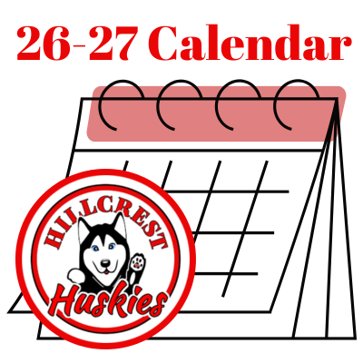 A square graphic with a white background promotes the Crestwood School District 2026–2027 calendar. At the top, large dark blue text reads, “26-27 Calendar.” Centered below the title is a stylized illustration of a desktop flip calendar outlined in dark blue with a gold header across the top. Four dark blue binding rings connect the cover to the calendar pages. The calendar grid is shown with several horizontal and vertical blue lines representing dates, while two additional calendar pages are visible behind the front page, giving the appearance of a standing desk calendar. Overlapping the lower left corner of the calendar is the Crestwood School District logo. The logo is a white circle outlined in dark blue. Curving across the top, dark blue text reads, “Crestwood,” and curving along the bottom, dark blue text reads, “School District.” In the center of the logo is a large tree with a black trunk and branches and blue and gold leaves. Beneath the tree, dark blue text reads, “Your Future. Our Focus.” The overall graphic uses the district’s navy blue, gold, white, and black color palette with a clean, minimal design emphasizing the availability of the 2026–2027 school calendar.