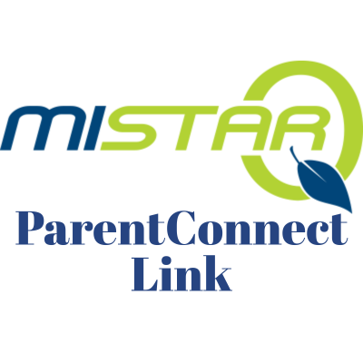 A square graphic with a white background promotes the MiStar ParentConnect portal. Centered near the top is the official MiStar logo. The word “MI” appears in dark blue, while “STAR” is displayed in bright green. The logo incorporates a large green circular ring forming part of the final letter, with a small dark blue leaf attached to the lower right side of the circle. Beneath the logo, large dark blue text is centered and reads, “ParentConnect Link.” The design is clean and minimal, using the MiStar brand colors of dark blue and bright green against a white background to emphasize the ParentConnect resource.