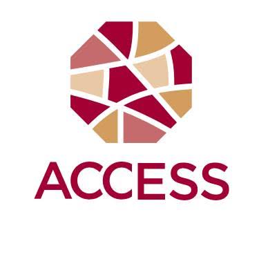 ACCESS logo featuring an abstract circular mosaic design made of geometric shapes in shades of red, burgundy, tan, and beige. The word “ACCESS” appears in large burgundy capital letters below the symbol.