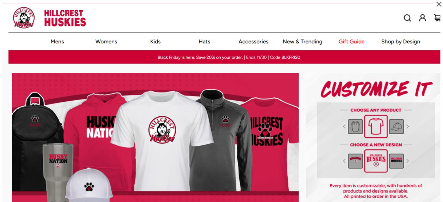 Screenshot of the Hillcrest Huskies online spirit wear store featuring customizable school apparel and accessories. Products shown include Hillcrest Huskies T-shirts, hoodies, a quarter-zip pullover, backpack, tumbler, and hat in red, black, gray, and white. The website includes shopping categories for men, women, kids, hats, accessories, new and trending items, gifts, and designs, along with options to customize products with different Hillcrest Huskies designs.