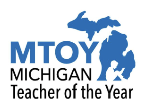 Michigan Teacher of the Year logo featuring a blue silhouette of Michigan’s Upper and Lower Peninsulas. The letters “MTOY” appear in large blue capital letters beside the map, with the words “Michigan Teacher of the Year” in black below.