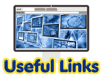 Graphic labeled “Useful Links” in bold blue lettering with a yellow outline. Above the text is an illustration of a computer monitor displaying a blue-toned collage of digital screens, technology icons, and connected imagery.