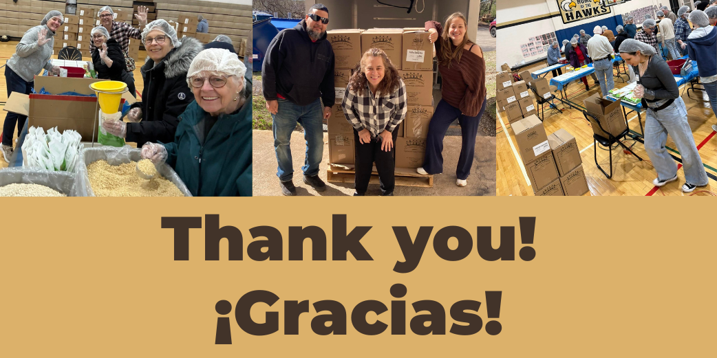 Volunteers packing food supplies with text: Thank you - Gracias
