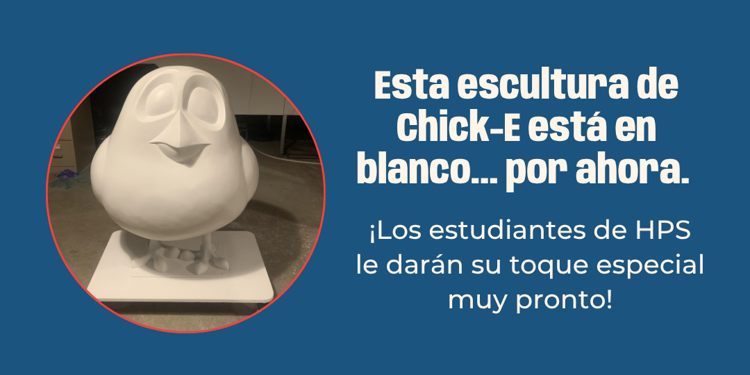 Photo of a chick statue with text: This Chick-E statue is a blank canvas... for now