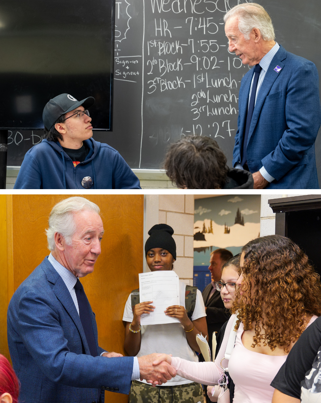 Two photos showing Congressman Neal speaking with students