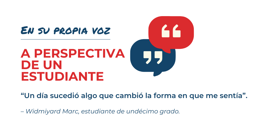 Graphic quotation marks with text: In her voice, a student's perspective. 