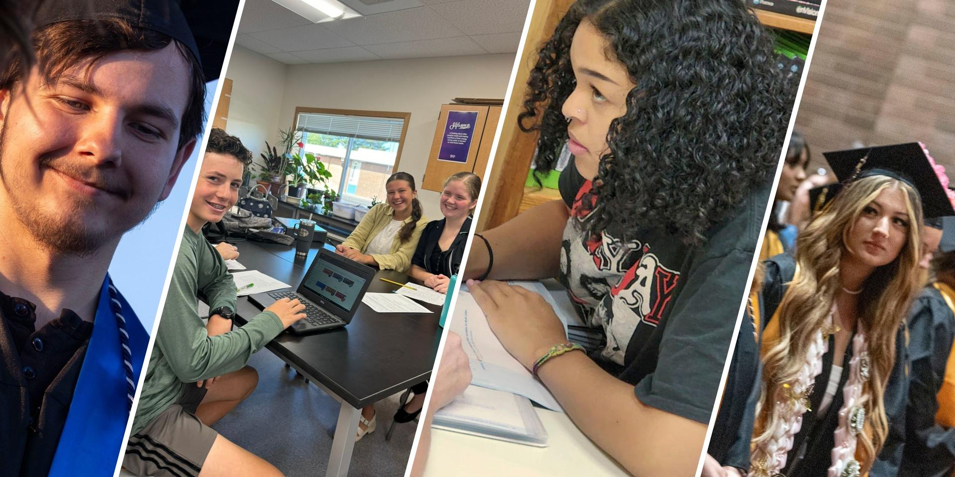 Collage of photos from River HomeLink (a high school graduate), CAM Academy (students in a classroom), Summit View High School (a student writing on a paper) and Battle Ground Virtual Academy (a high school graduate)