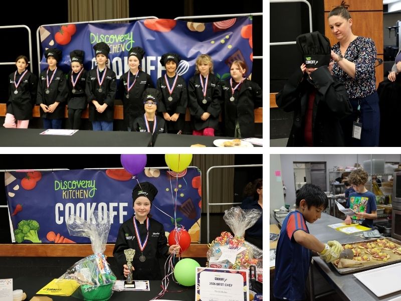 A collage of photos from the Discovery Kitchen Cookoff. They show students in chef jackets and hats and students prepping their dishes