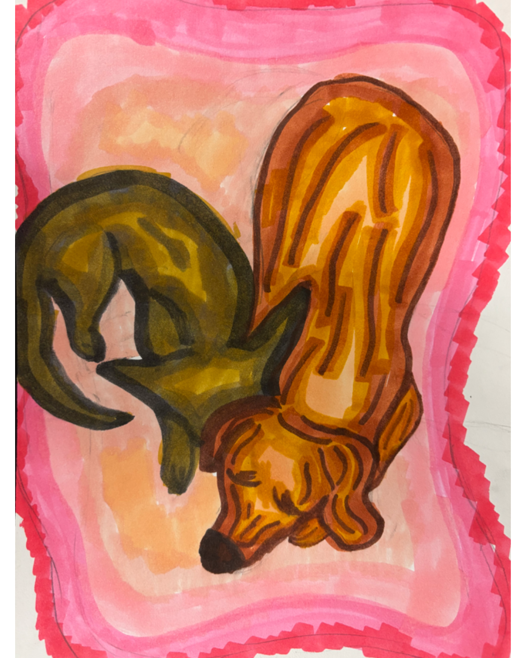 Student artwork of two dogs sleeping