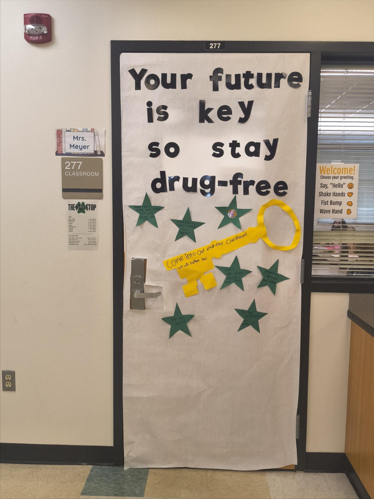 A classroom door with the words