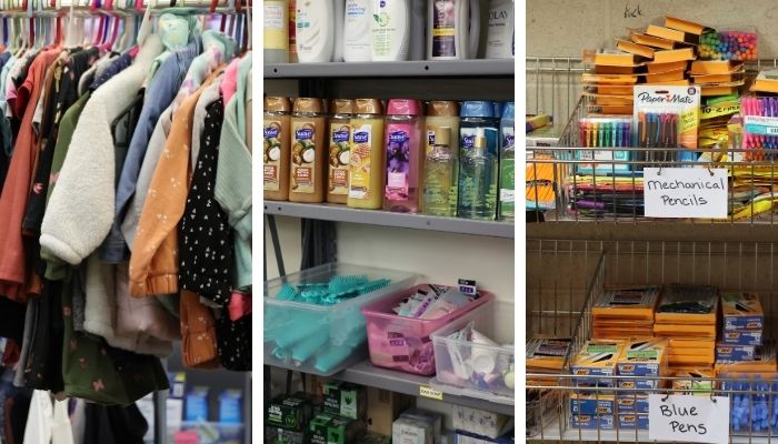 Clothing, hygiene products and school supplies