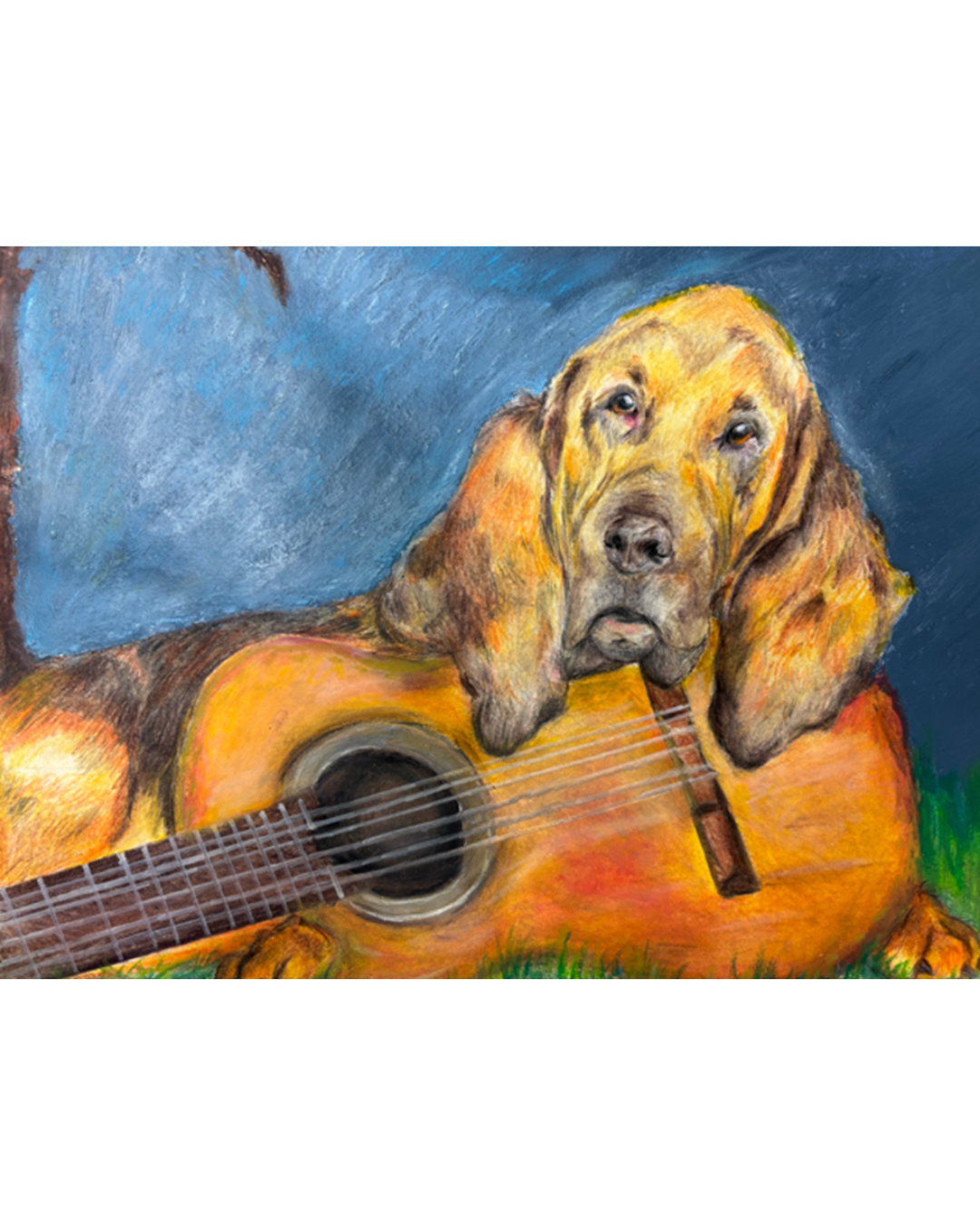 Student artwork of a dog with a guitar