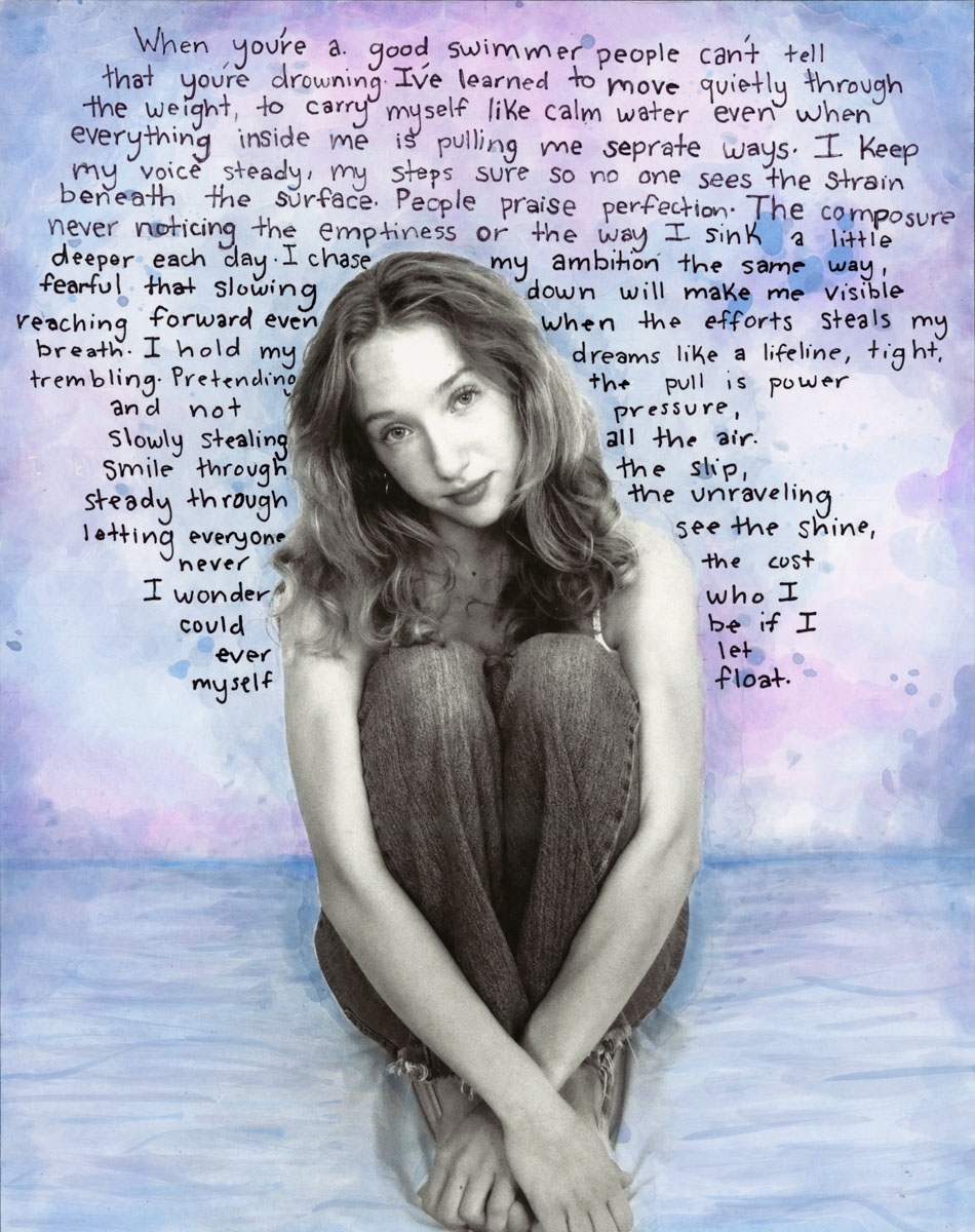 Student artwork of a person with a prose poem about the metaphorical meaning of swimming