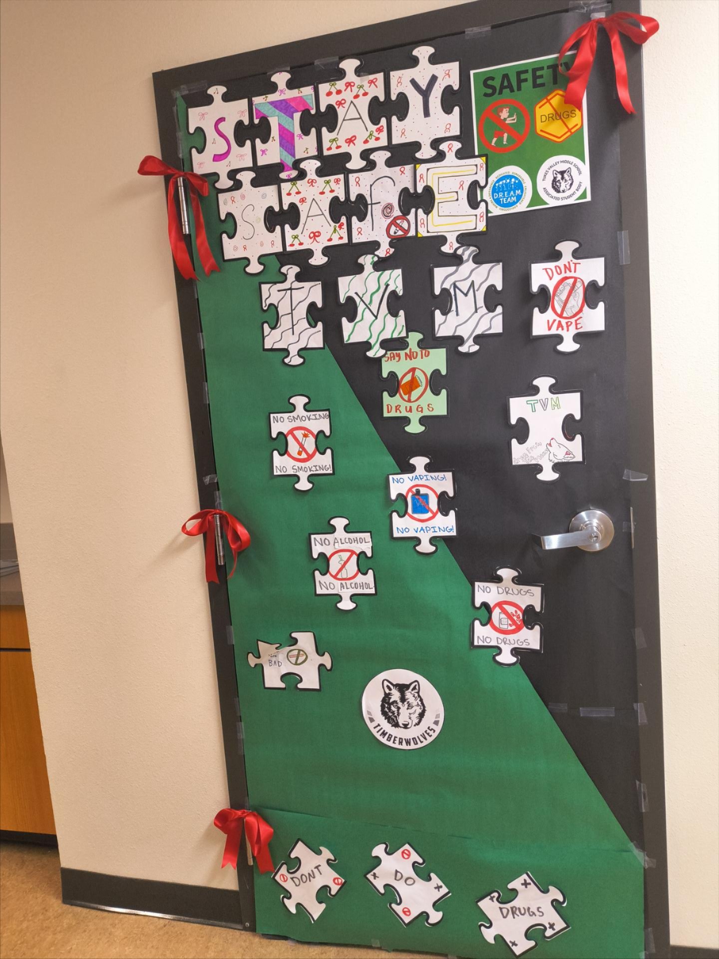 A classroom door decorated with messages urging a drug-free lifestyle