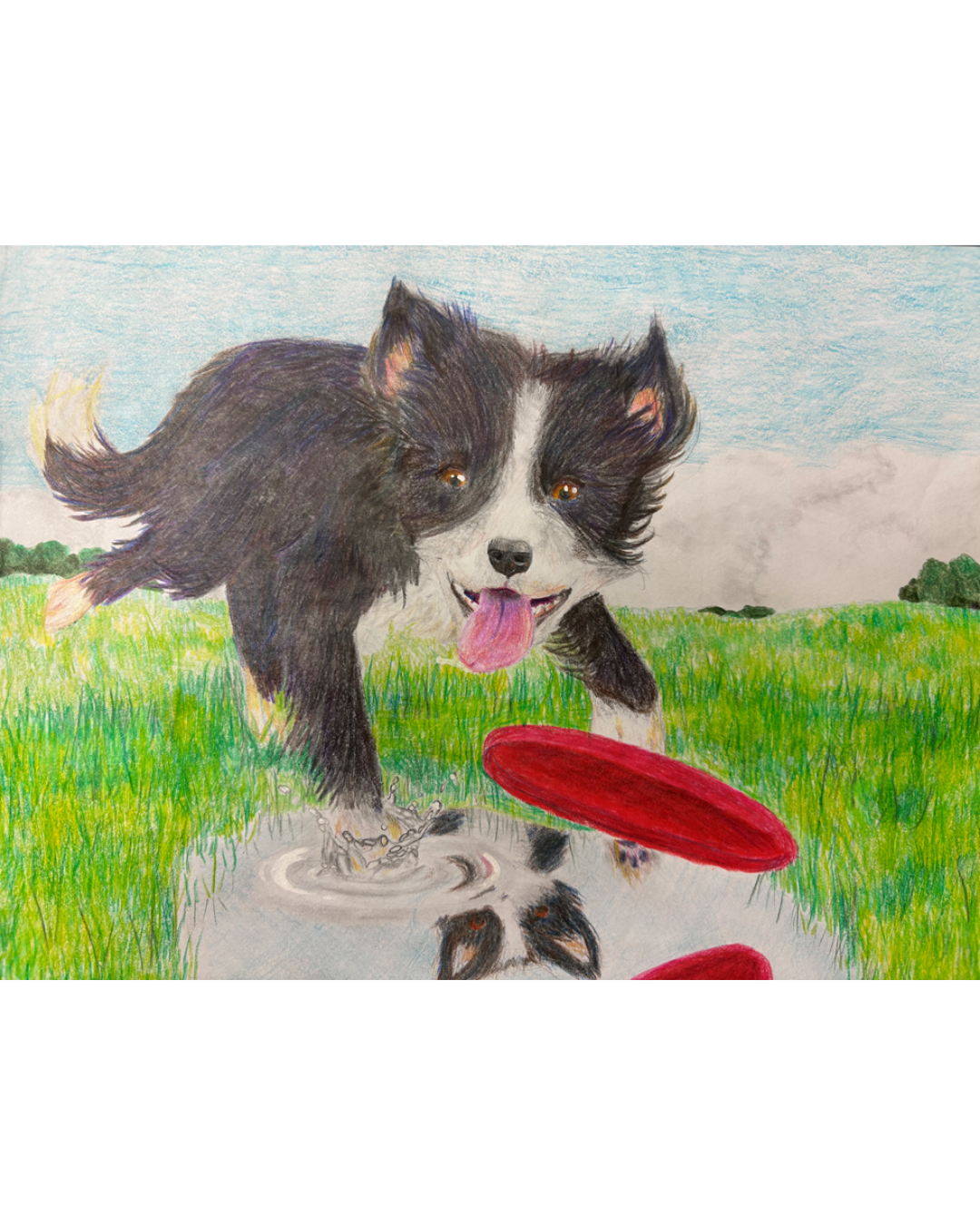 Student artwork of a dog chasing a frisbee through a puddle