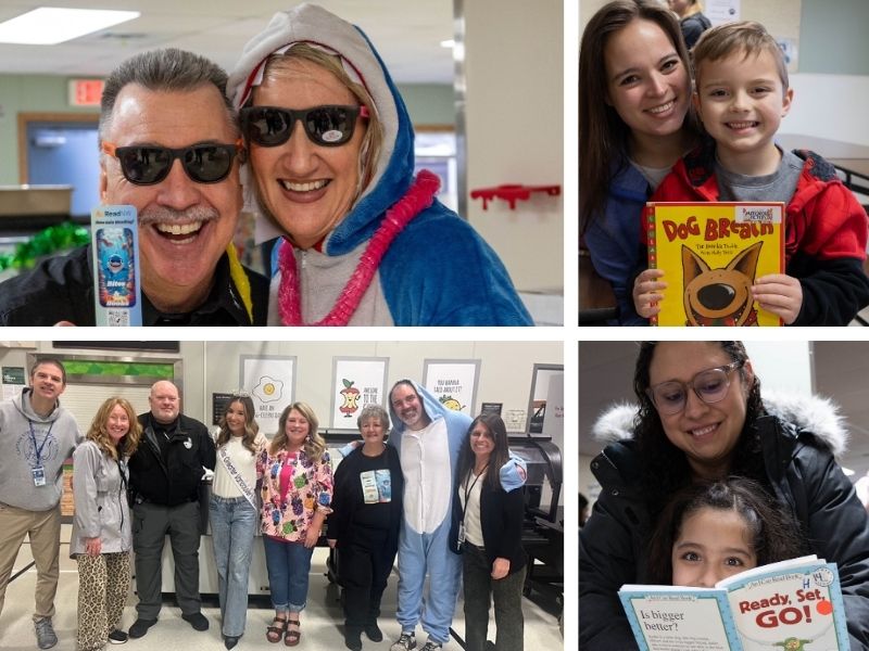 A collage of photos from a literacy event. Photos include parents reading with children and staff and volunteers