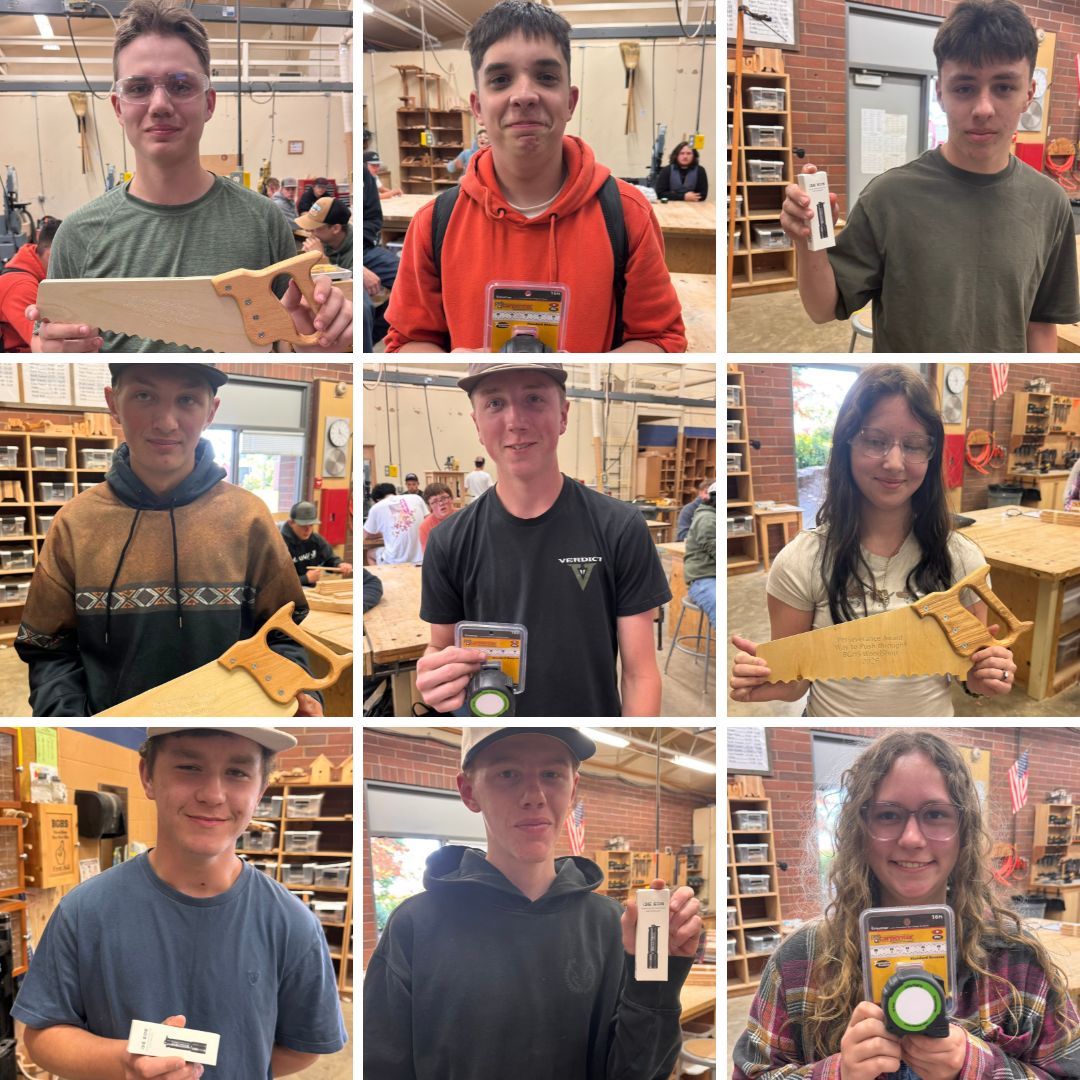 A collage of students who earned woodshop awards for their character, maturity and perseverance.