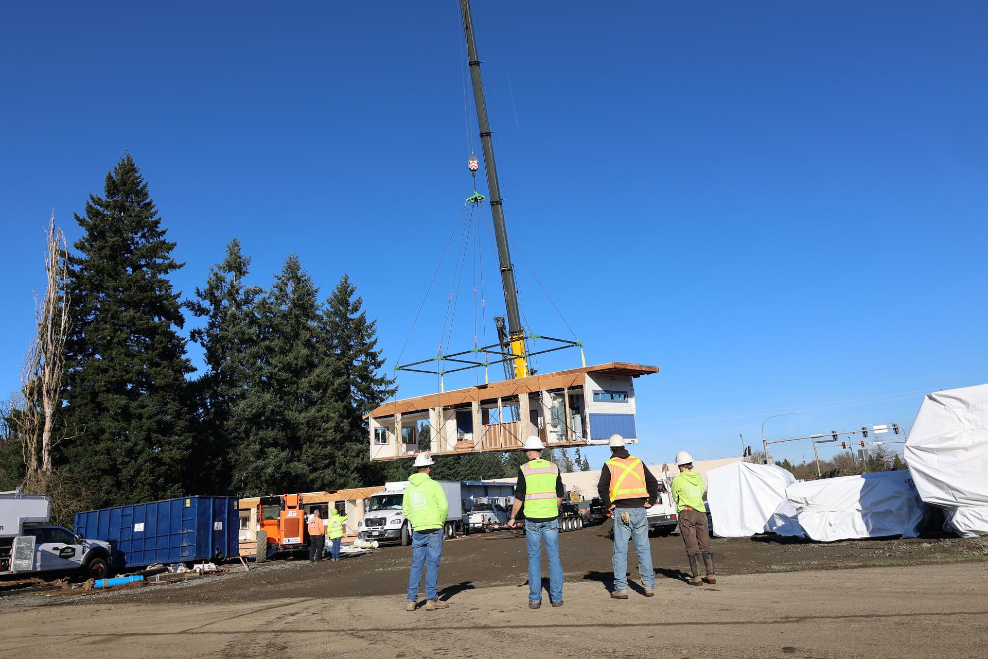 Modular sections of the building are placed onsite