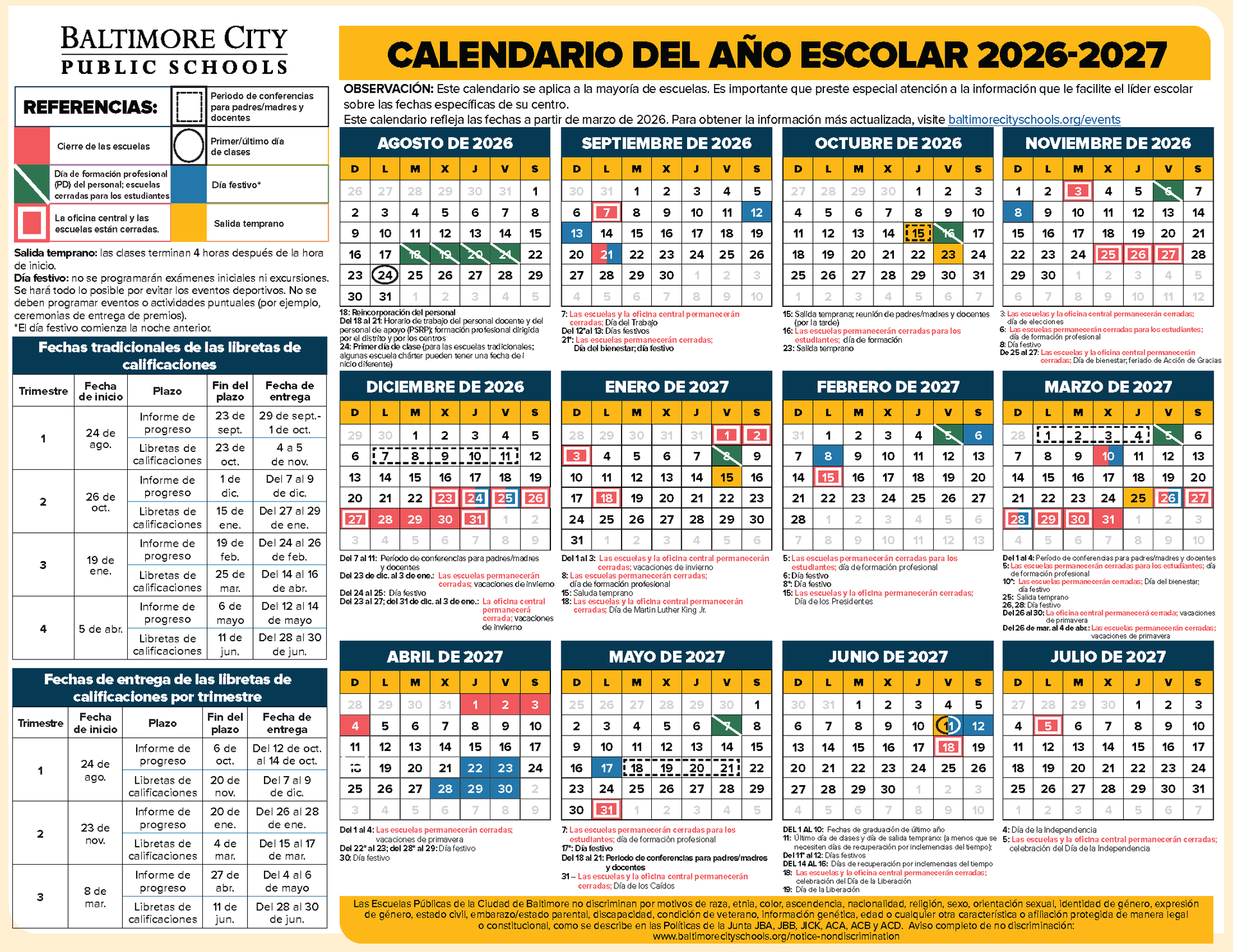 Calendario del año escolar 2026-2027