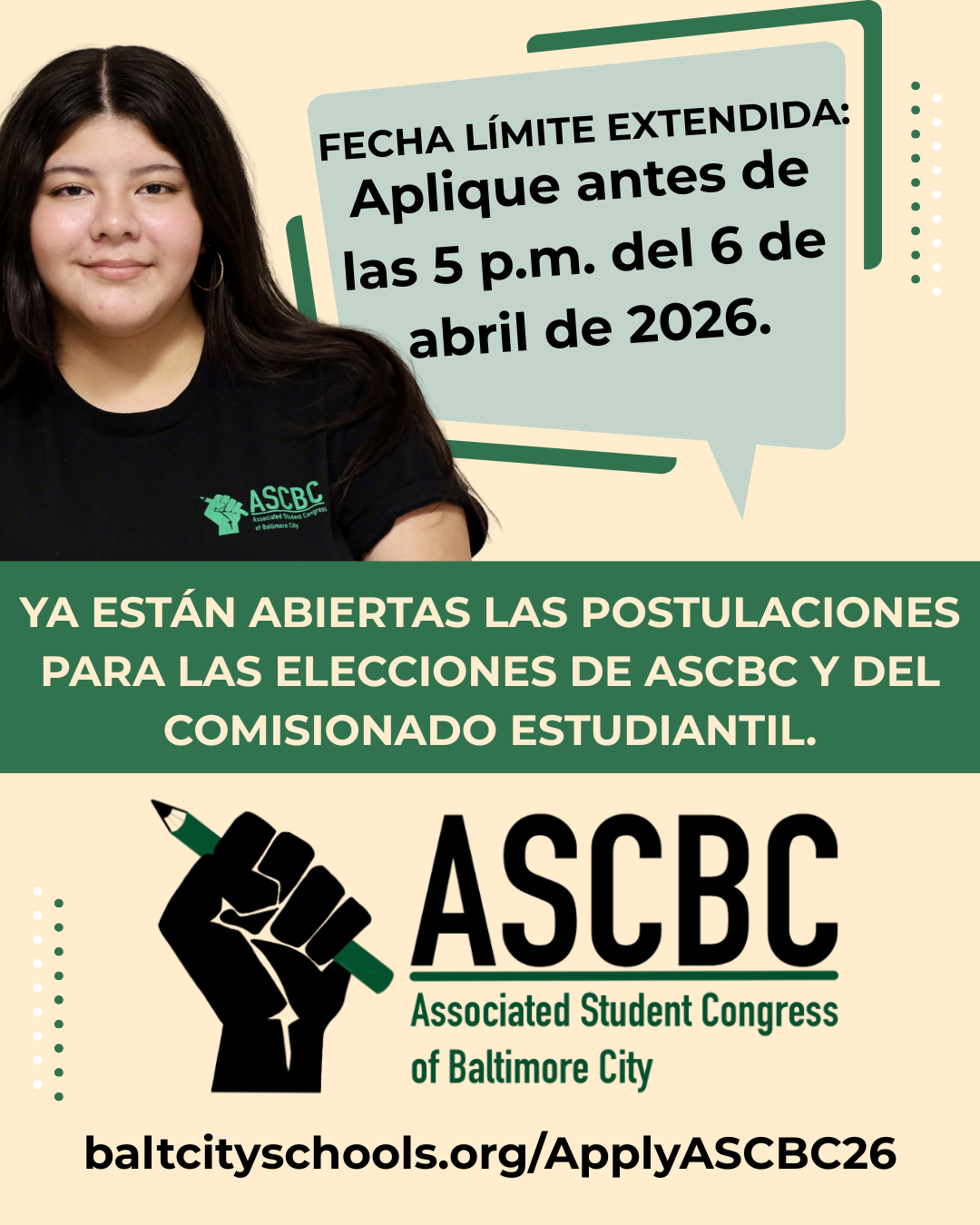 Folleto: El Congreso Estudiantil Asociado de la Ciudad de Baltimore (ASCBC) y el Comisionado Estudiantil 