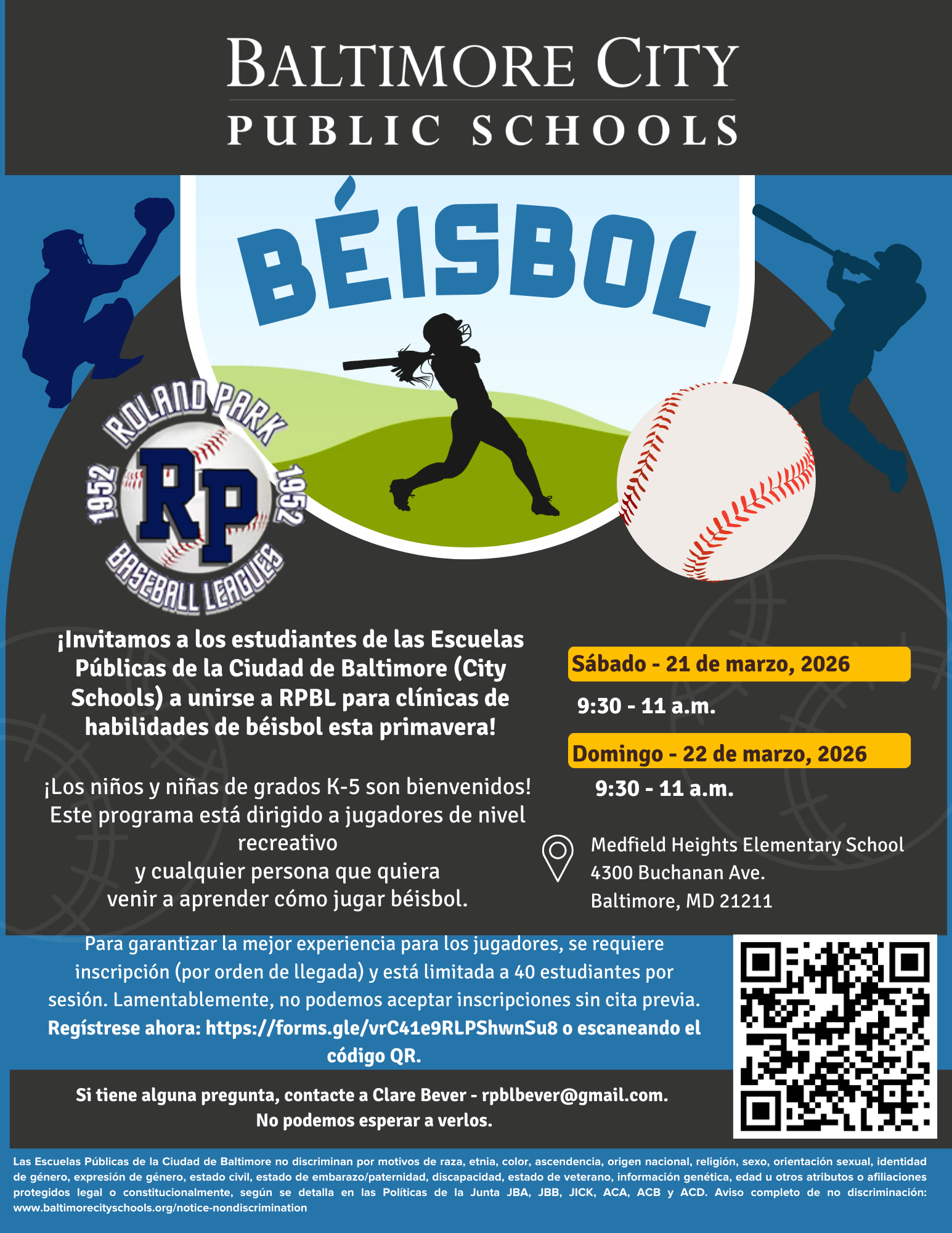 Folleto: clínicas de habilidades de béisbol de las Ligas de Béisbol Roland Park
