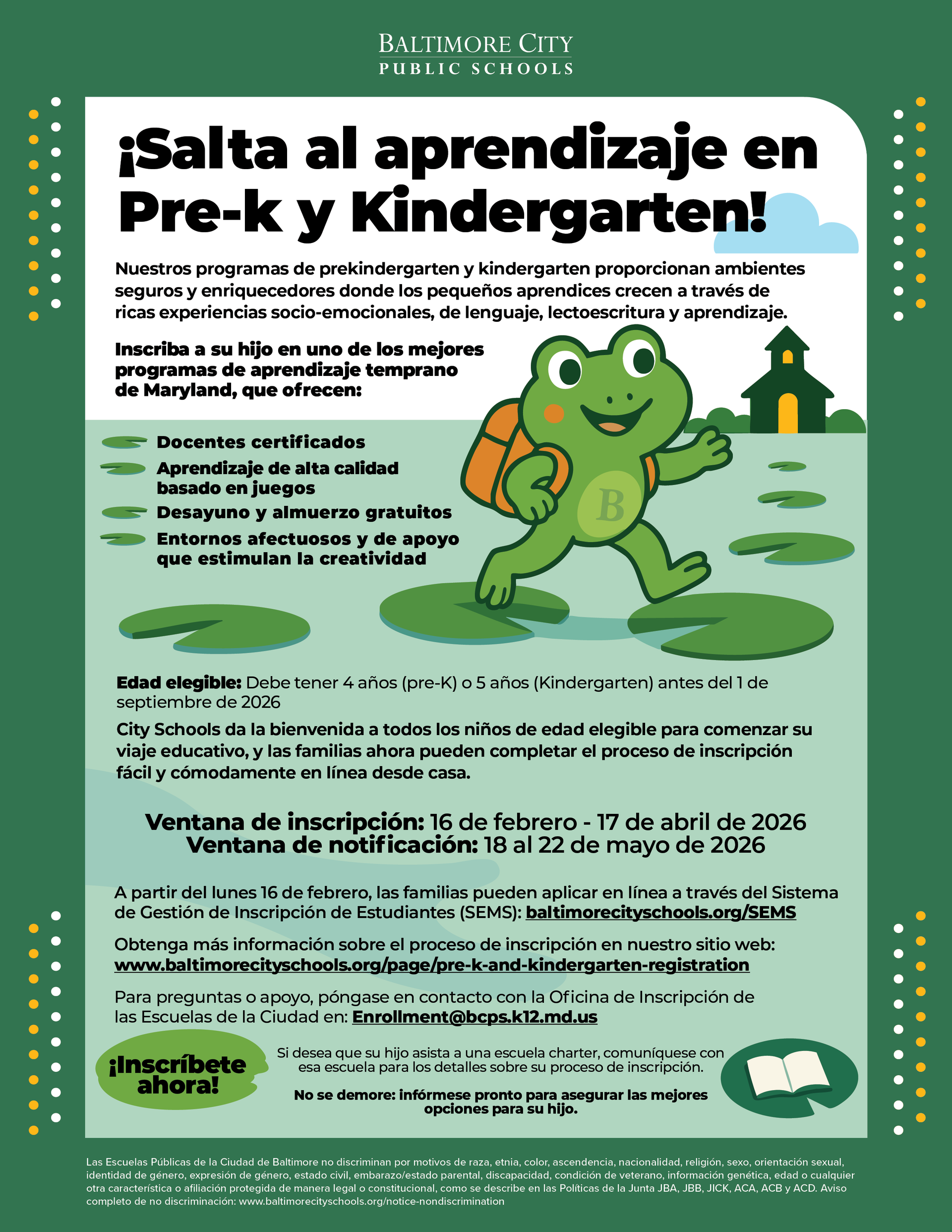 Folleto de Inscripción para Pre-k y Kindergarten