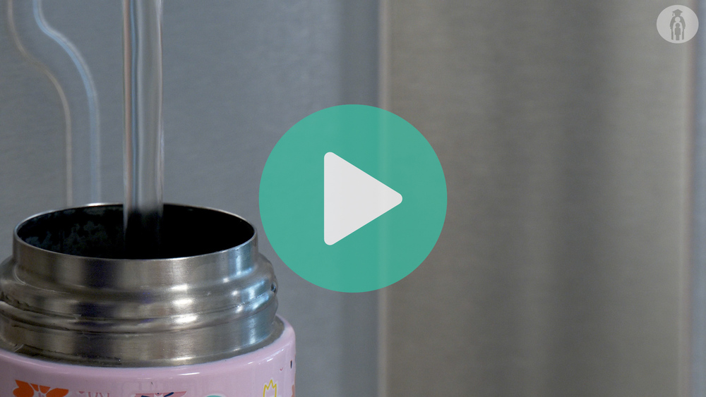 water bottle refilling with video play emblem