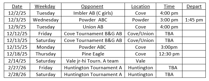 Jr. High 2025-2026 Basketball Schedule