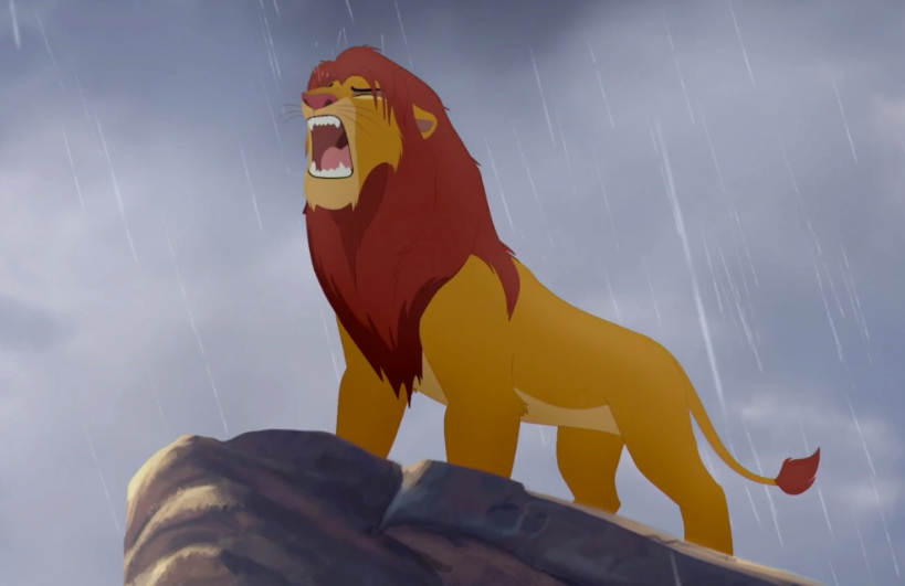 Simba from The Lion King roaring from the top of pride rock. 