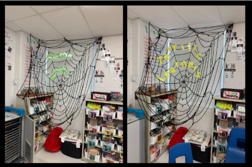 Two photographs of fake spider webs made out of black string.  