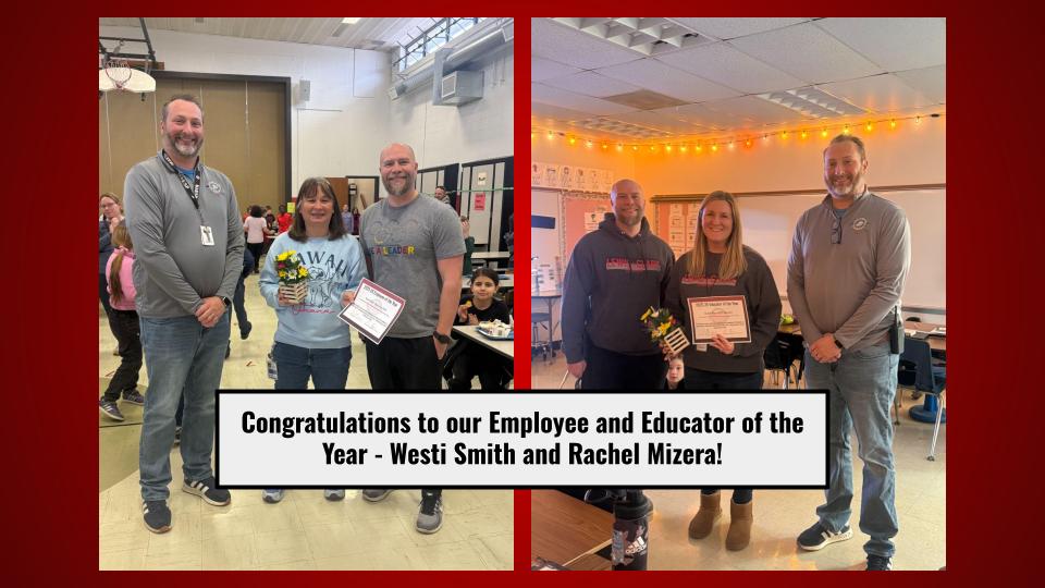 Two photographs of the Employee and Educator of the Year with the principals, holding certificates and flowers. 