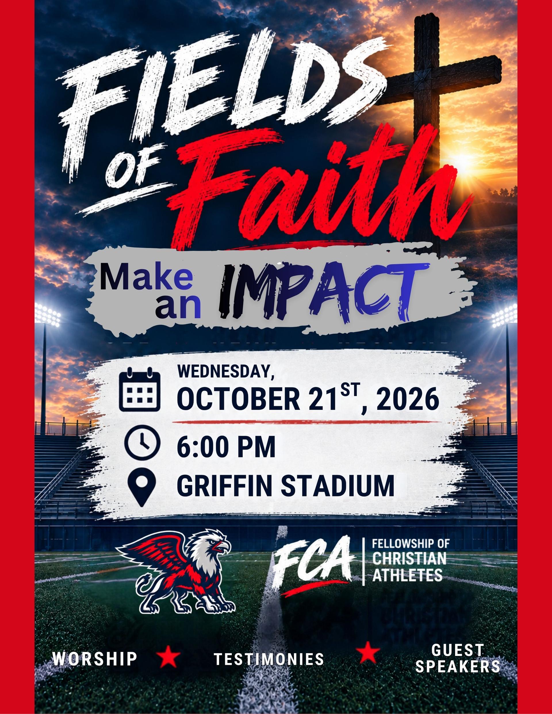 Event poster for Fields of Faith with a cross and stadium. It reads 