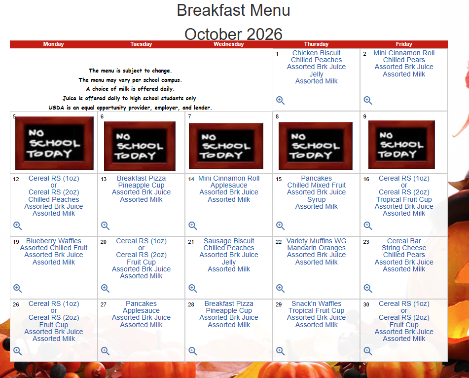 A breakfast menu for October 2026 displayed in a grid layout. Each cell has text, with some cells containing a 