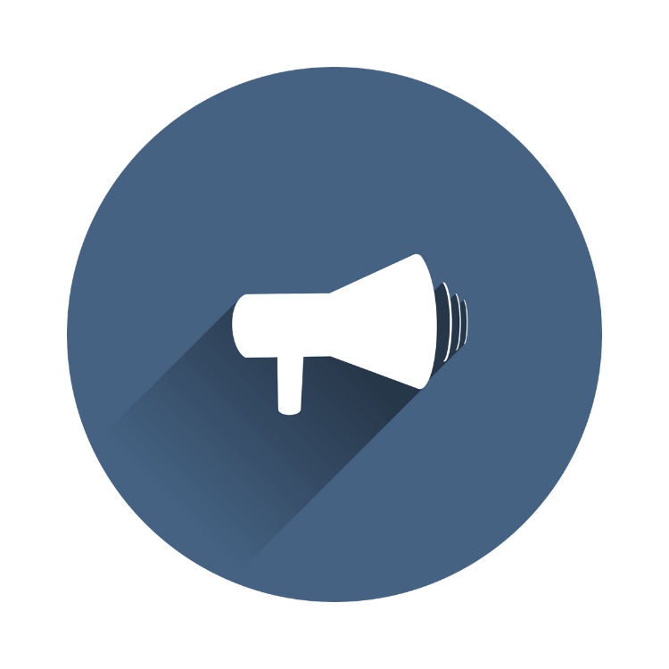 Blue and white megaphone icon.