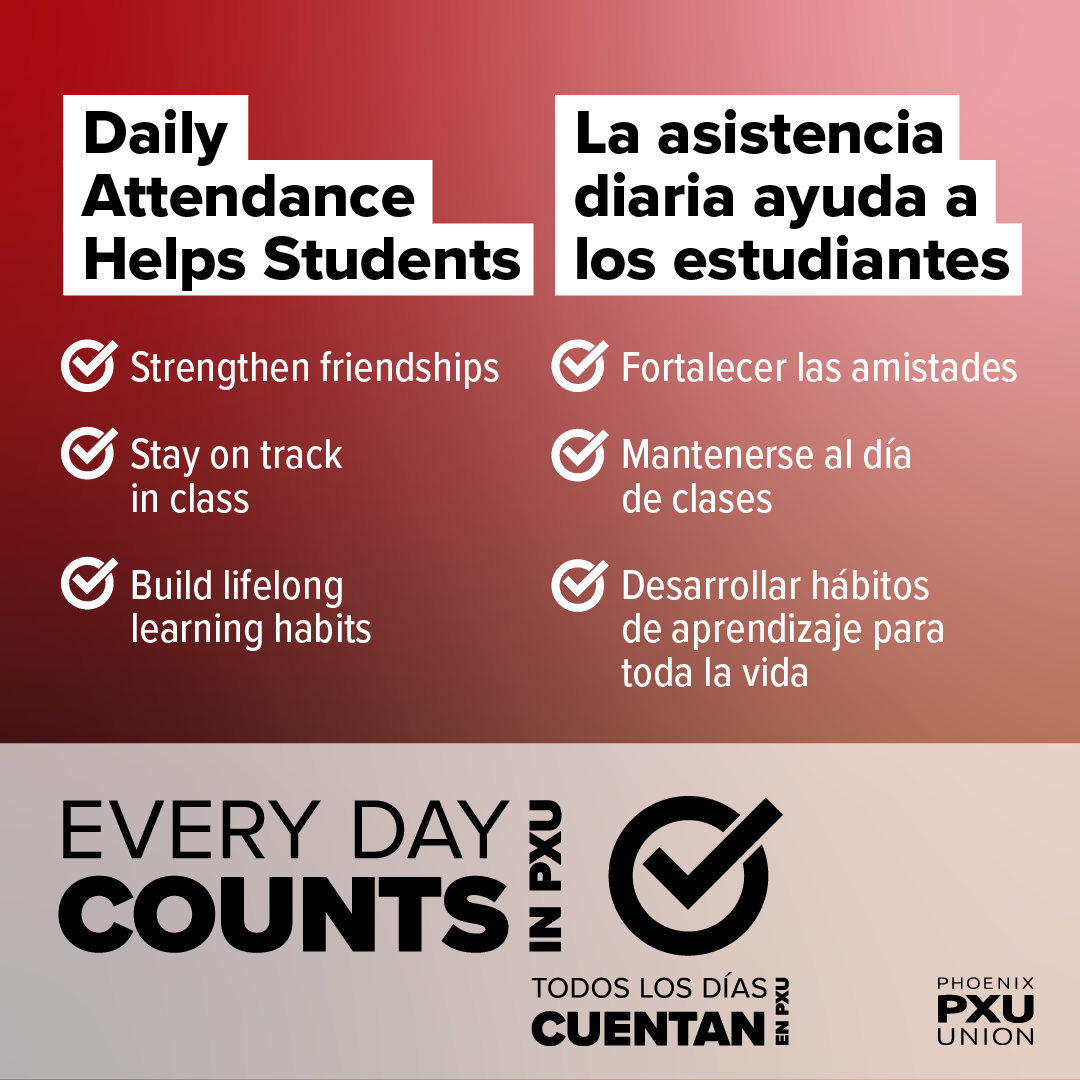 Text in English and Spanish. Red and black background. Benefits of daily attendance include strengthening friendships and staying on track in class.