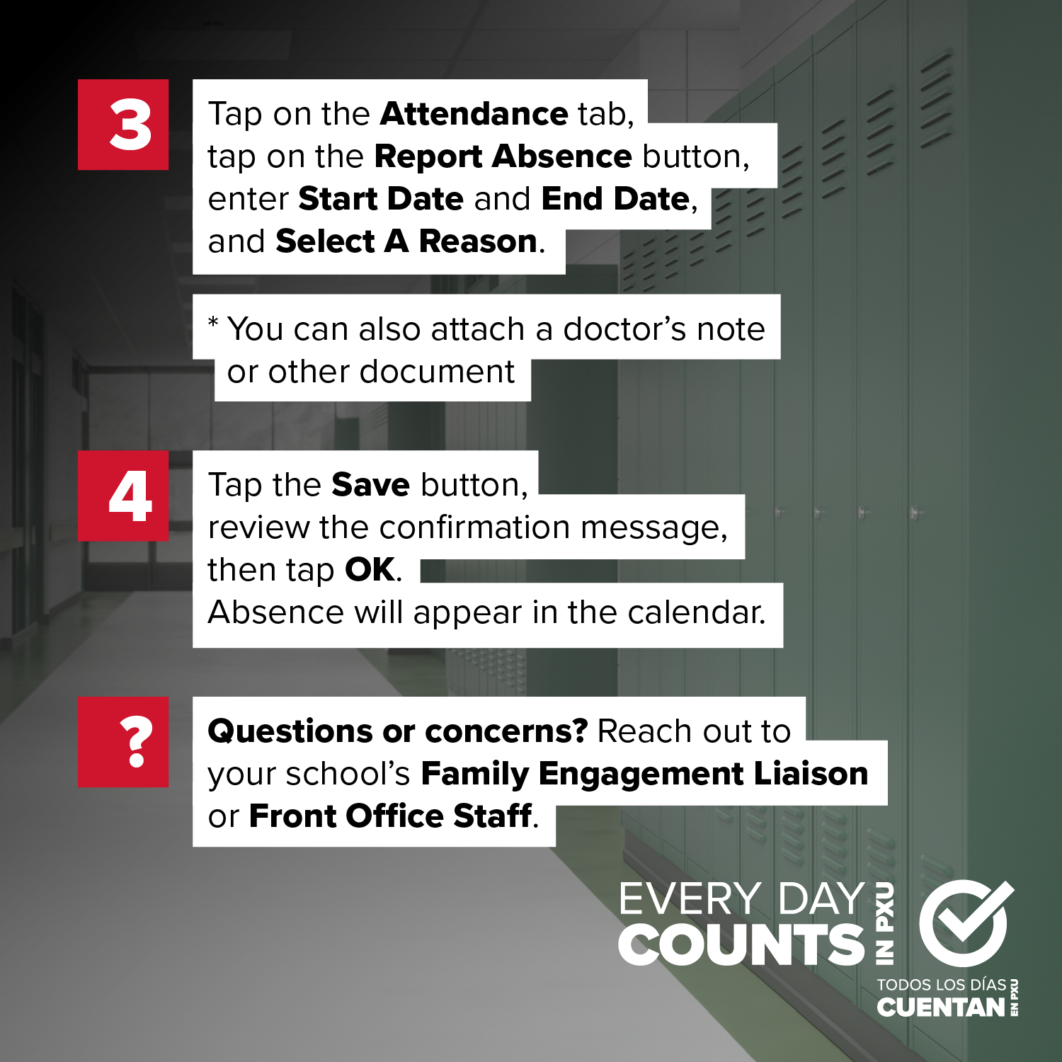 An instructional guide with numbers and icons. Text details steps to report absences. Background shows a school hallway.
