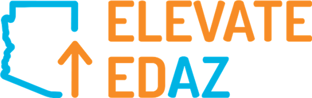 Blue, orange, and white logo with the words 
