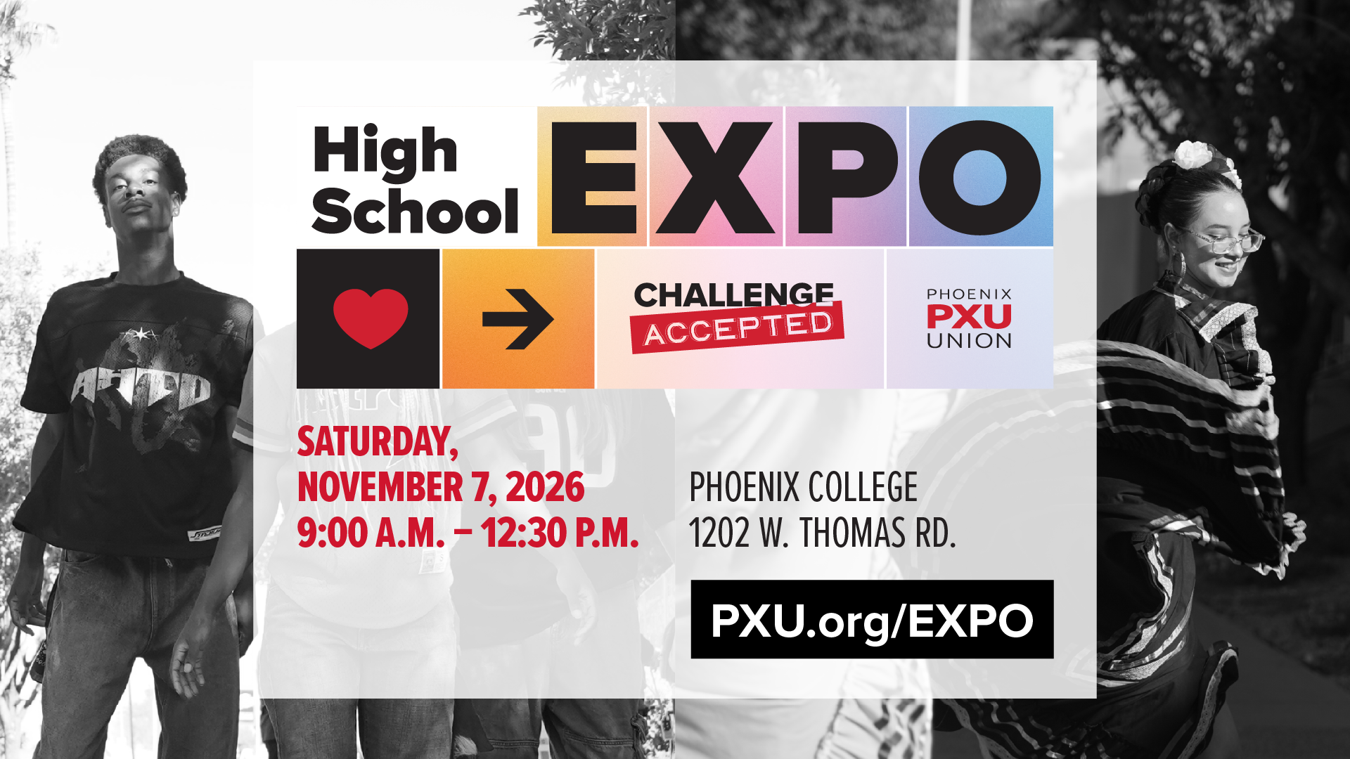 A flyer shows black-and-white photo of people. A person wears a t-shirt. A website address is in the bottom-right corner.