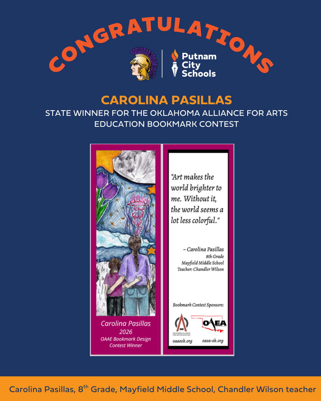state winner for the Oklahoma Alliance for Arts Education bookmark contest.