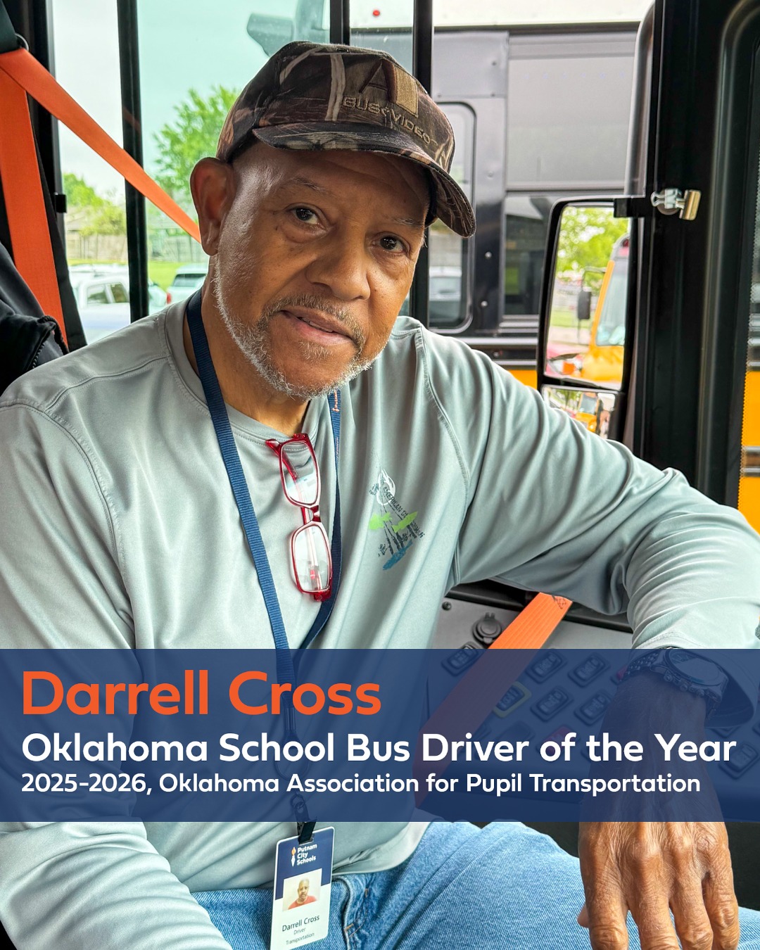 Mr. Darryl Cross, a Putnam City Schools bus driver for 18 years, has been named 𝗦𝗰𝗵𝗼𝗼𝗹 𝗕𝘂𝘀 𝗗𝗿𝗶𝘃𝗲𝗿 𝗼𝗳 𝘁𝗵𝗲 𝗬𝗲𝗮𝗿 by the Oklahoma Association for Pupil Transportation! 