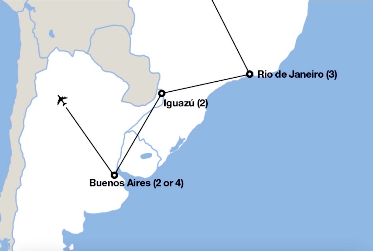 A map showing flight routes from Rio de Janeiro to Iguazu and Buenos Aires, with specific flight numbers indicated.